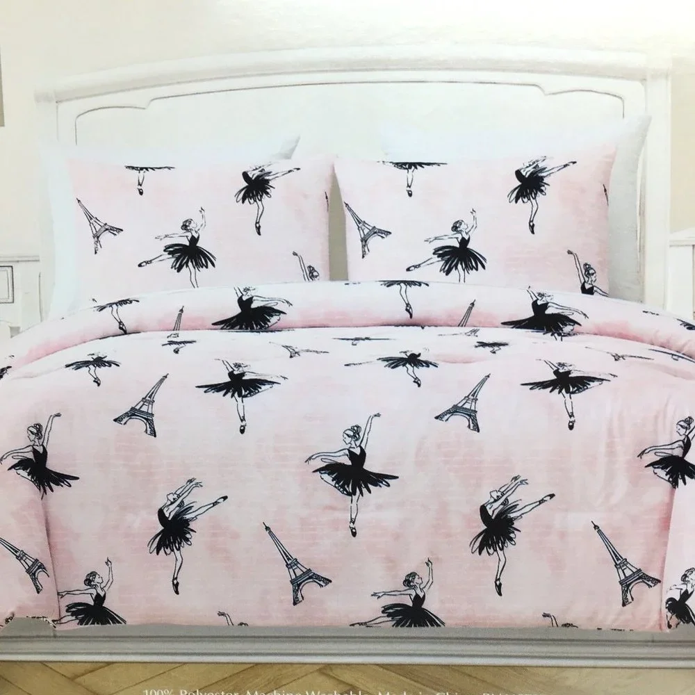2pc Nicole Miller Ballerina Eiffel Tower Twin Comforter Set Paris Black Ballet